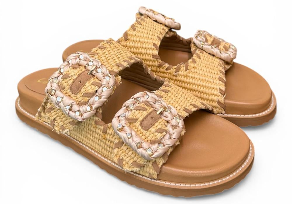 Ciabatta fasce rafia intrecciata beige cuoio Coral Blu 
