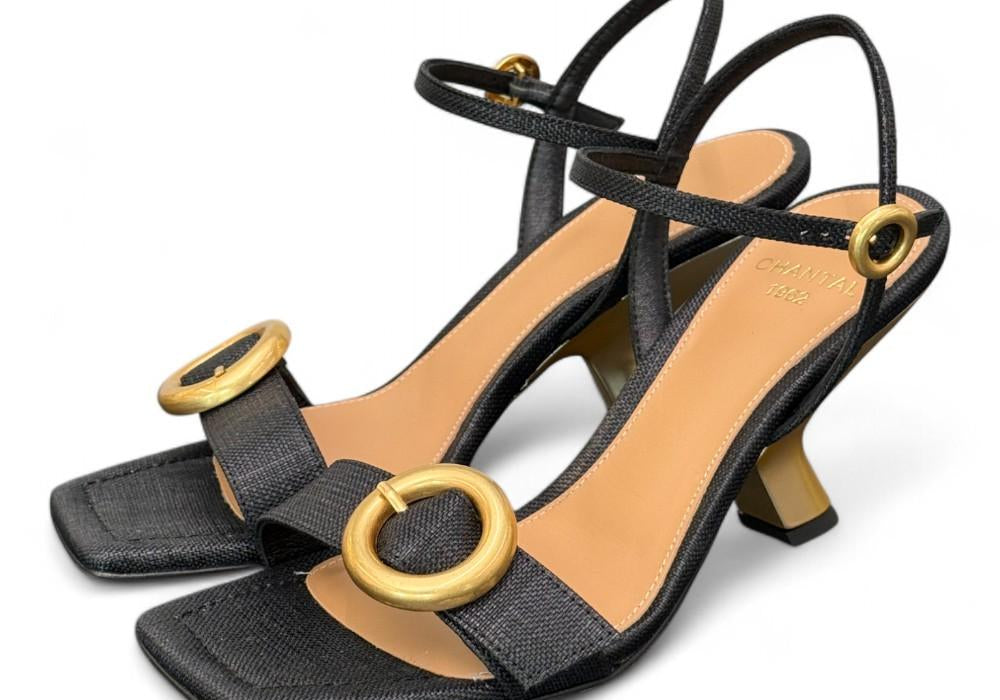 Sandalo rafia nera tacco oro Chantal<BR/> <BR/> 