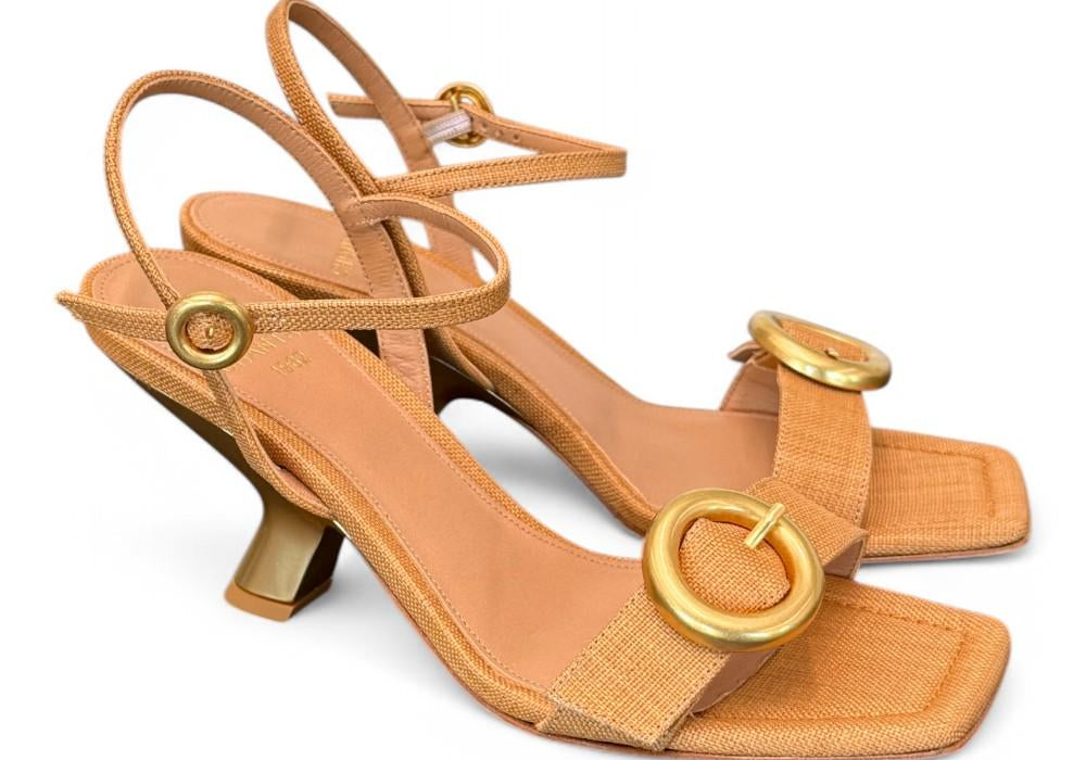 Sandalo rafia camel tacco oro Chantal<BR/> <BR/> 