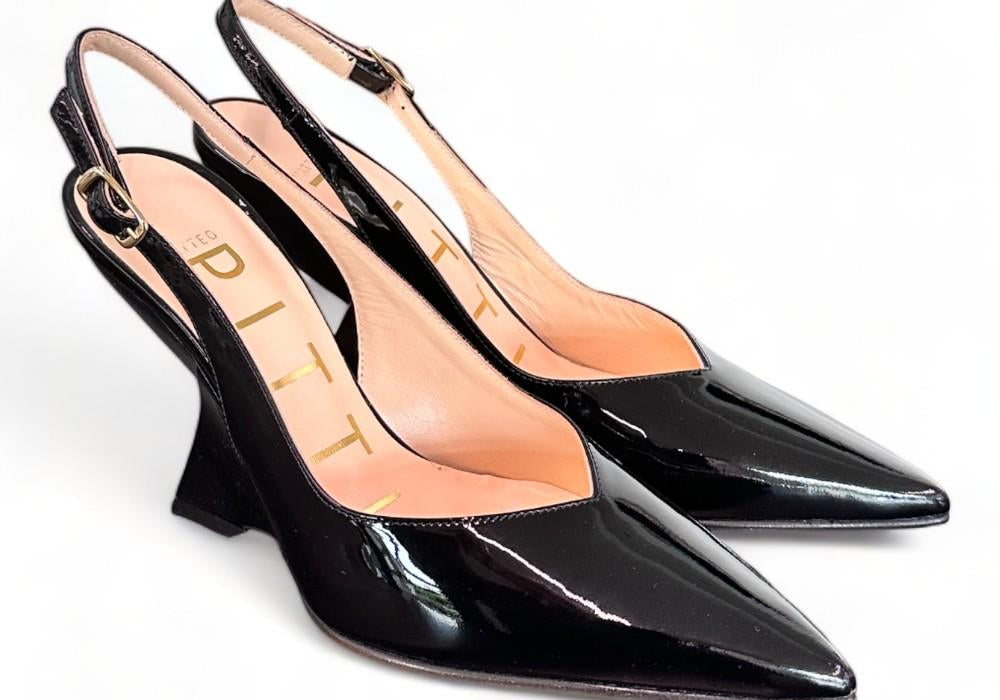 Slingback tacco zeppa vernice nera Matteo Pitti 