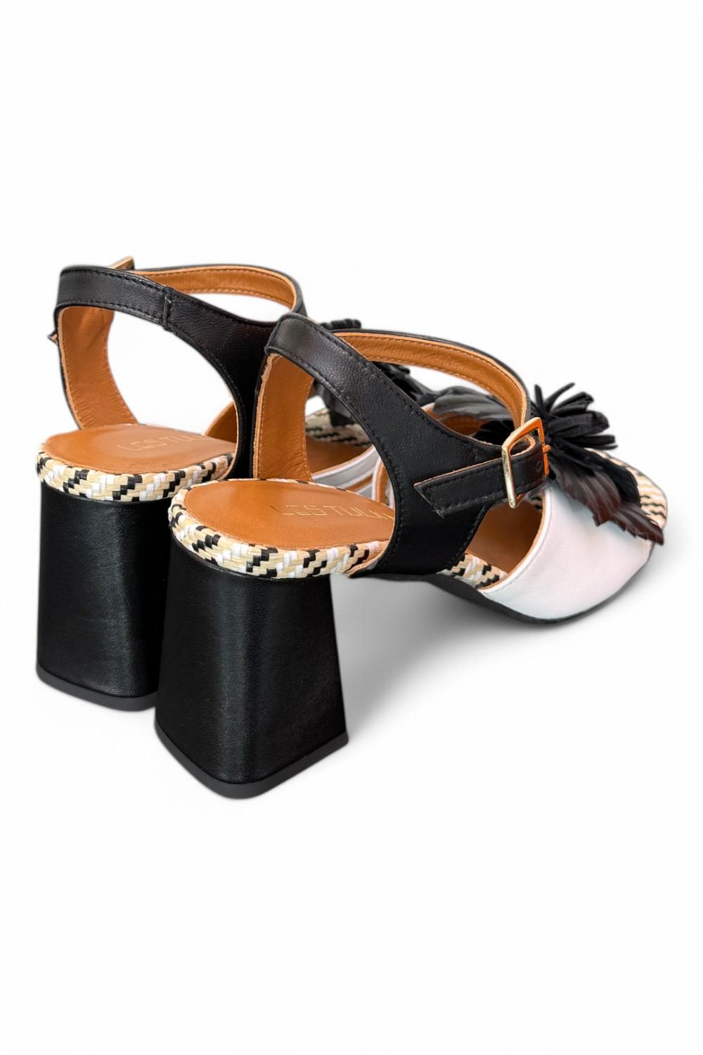 Sandalo fiore bianco nero tacco Les Tulipes 