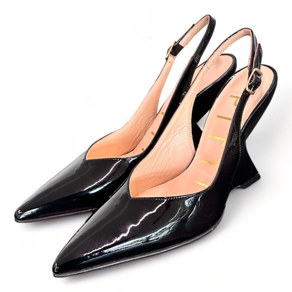 Slingback tacco zeppa vernice nera Matteo Pitti 
