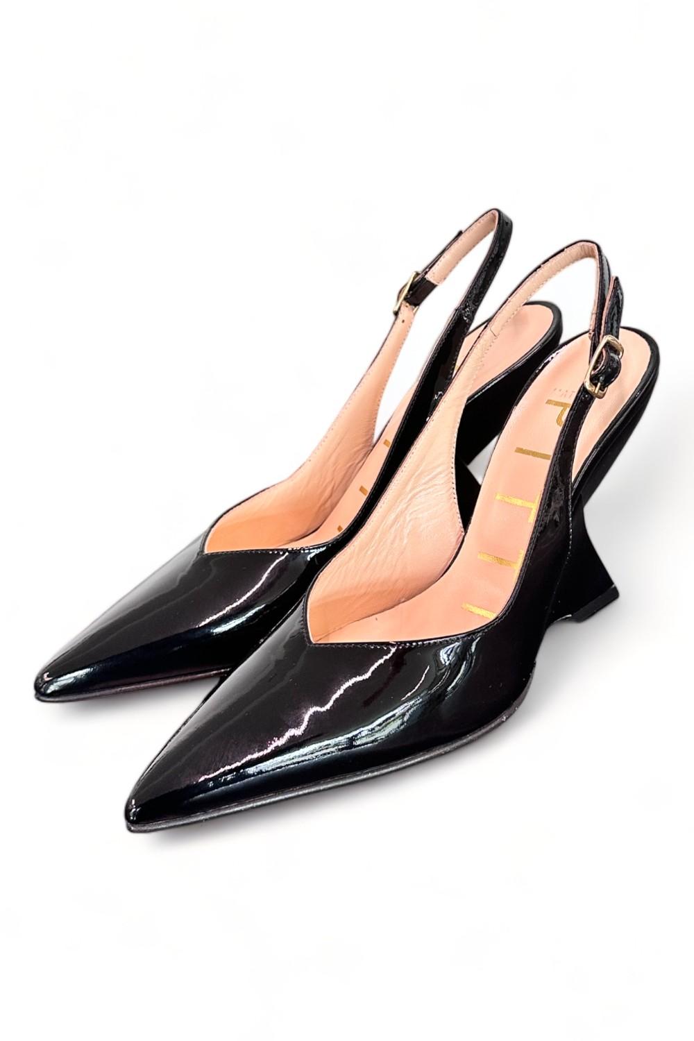 Slingback tacco zeppa vernice nera Matteo Pitti 