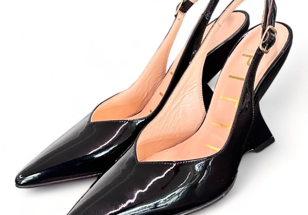 Slingback tacco zeppa vernice nera Matteo Pitti 