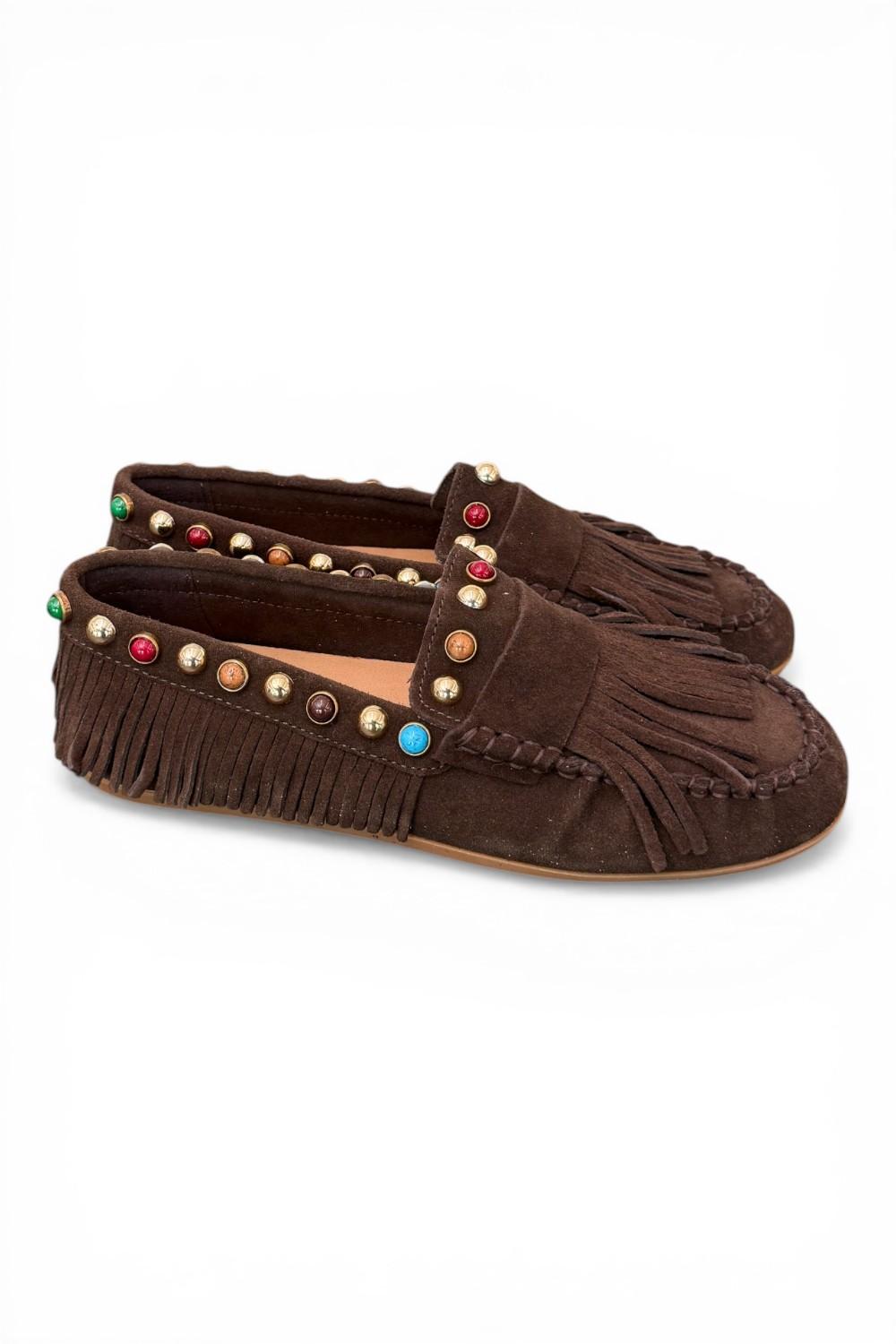 Mocassino frange suede mogano Inuovo<BR/> 