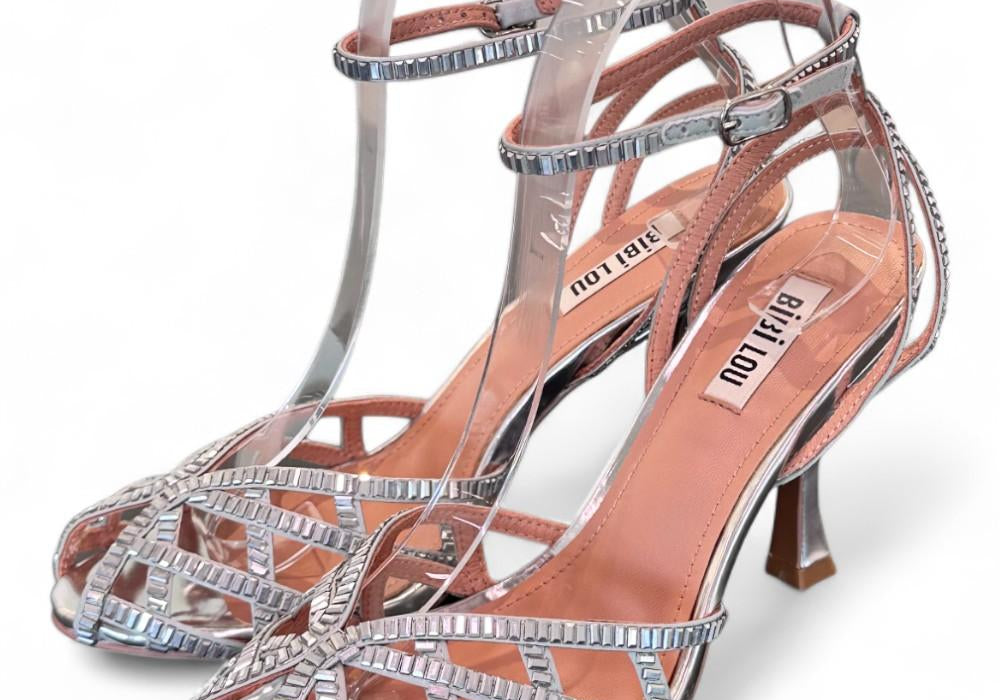 Sandalo gabbia strass argento tacco Bibi Lou<BR/> 