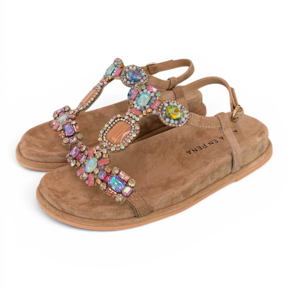Sandalo camoscio beige pietre multicolor Alma en Pena<BR/> 