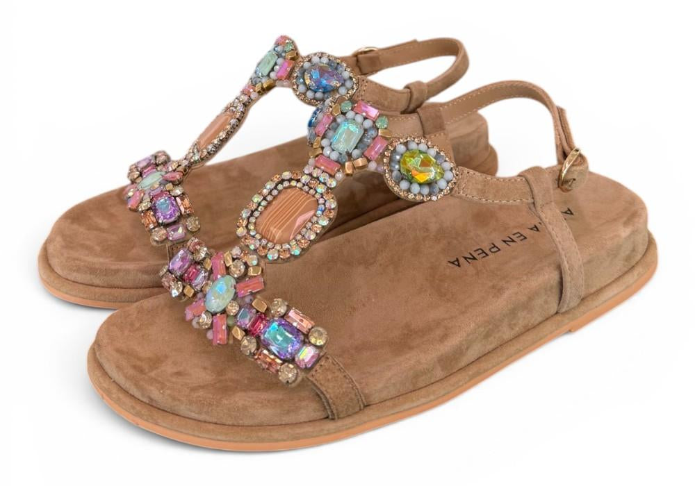 Sandalo camoscio beige pietre multicolor Alma en Pena<BR/> 