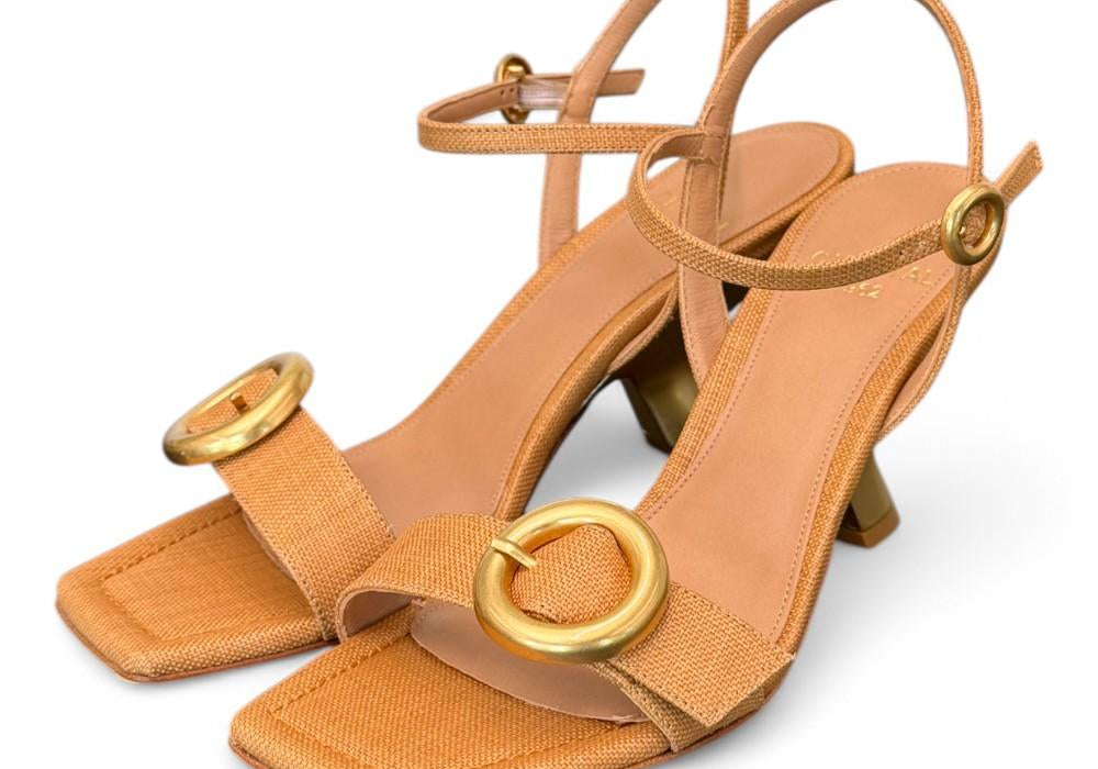 Sandalo rafia camel tacco oro Chantal<BR/> <BR/> 