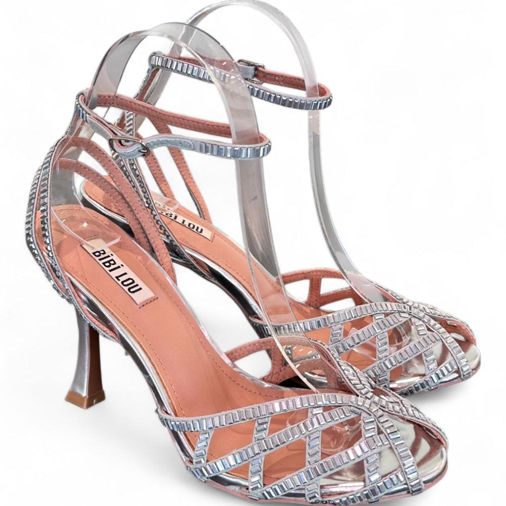 Sandalo gabbia strass argento tacco Bibi Lou<BR/> 