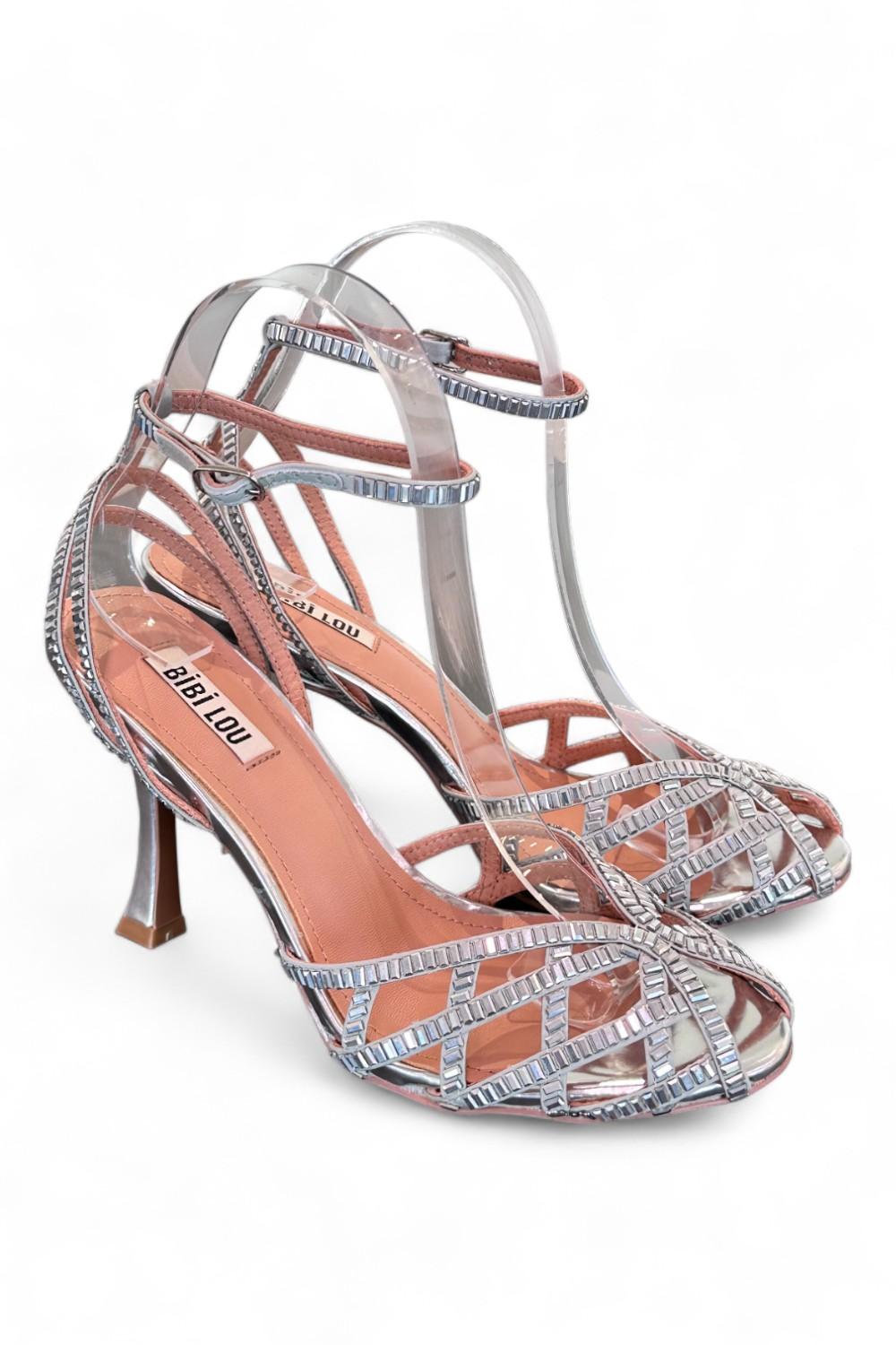 Sandalo gabbia strass argento tacco Bibi Lou<BR/> 