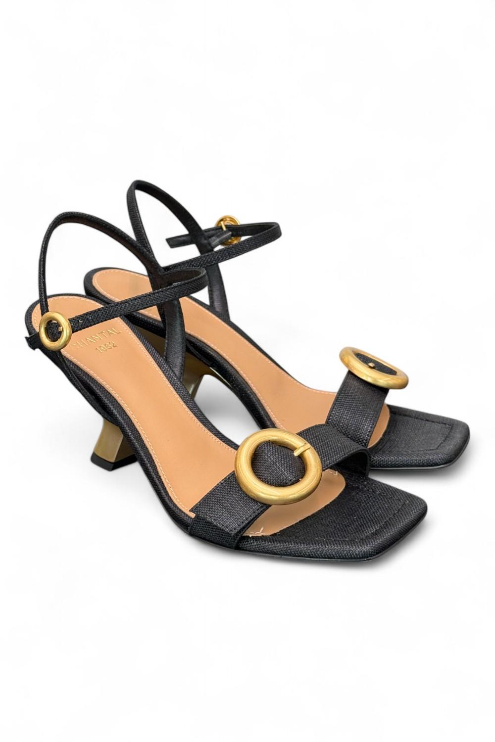 Sandalo rafia nera tacco oro Chantal<BR/> <BR/> 