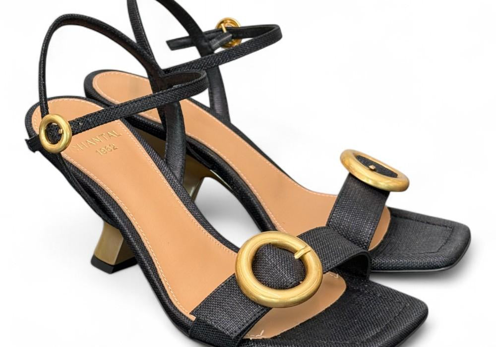 Sandalo rafia nera tacco oro Chantal<BR/> <BR/> 