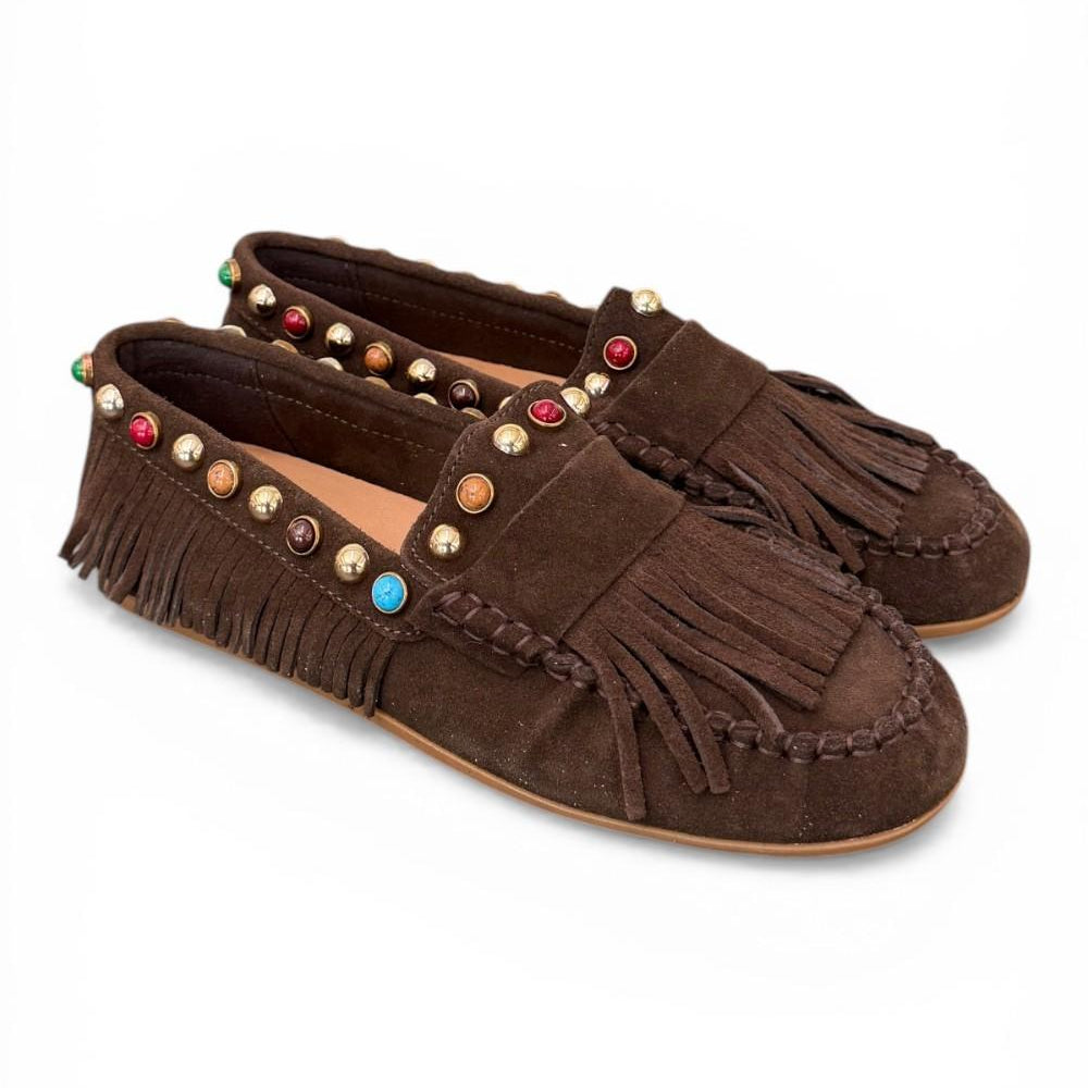 Mocassino frange suede mogano Inuovo<BR/> 