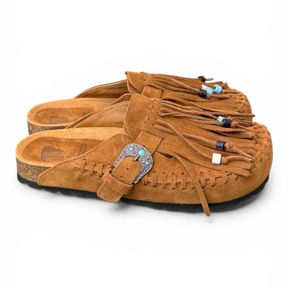 Sabot con frangia e perline Taji by Lagoa suede cuoio 