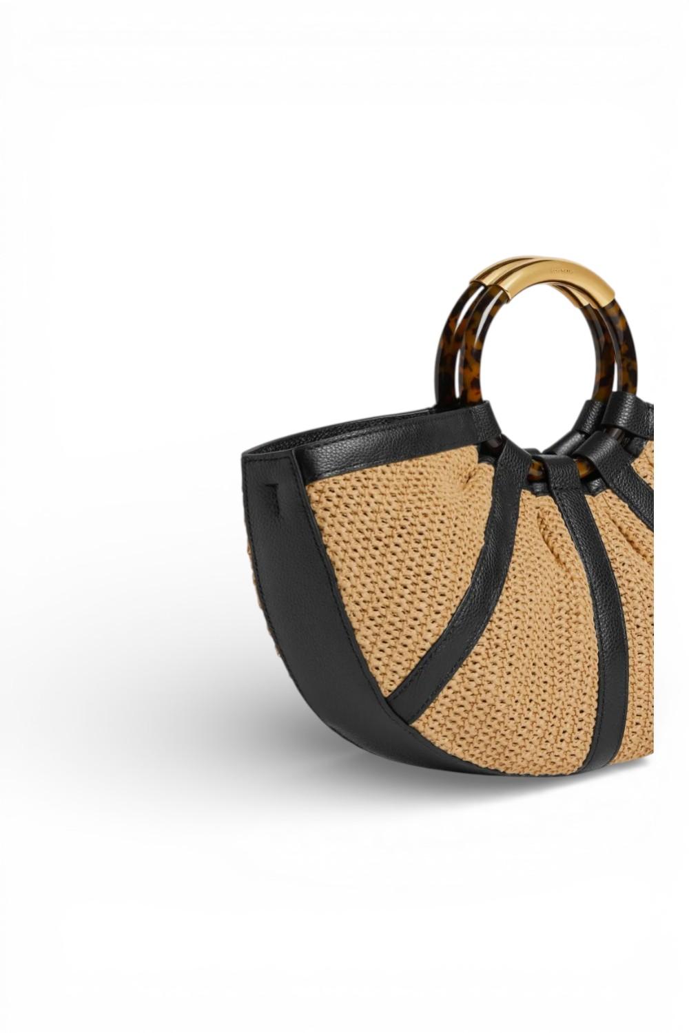 Borsa Shell Coccinelle rafia beige nera manici 