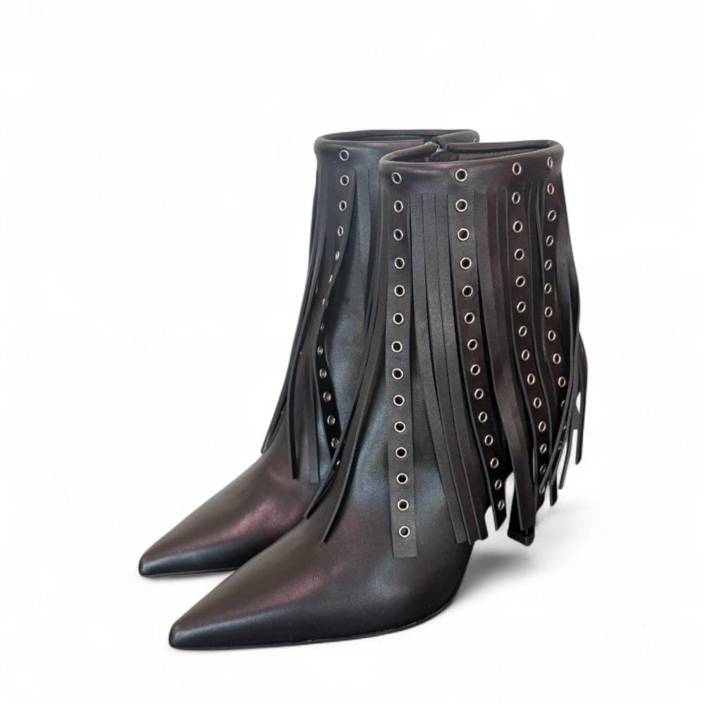 Stivaletto con frange in pelle nera Chantal 
