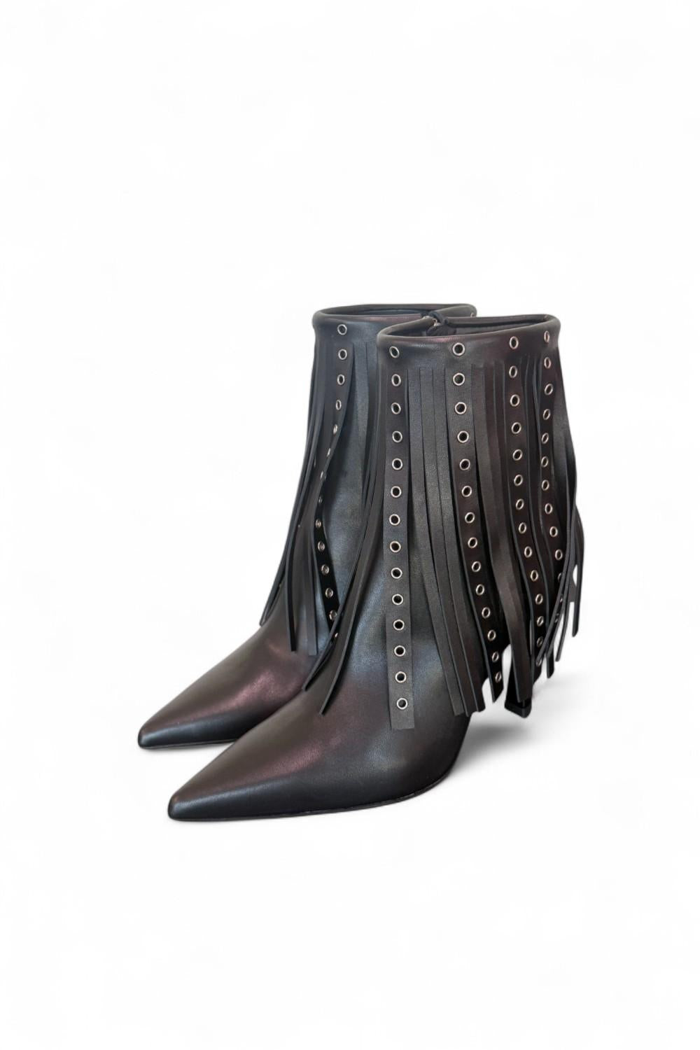 Stivaletto con frange in pelle nera Chantal 