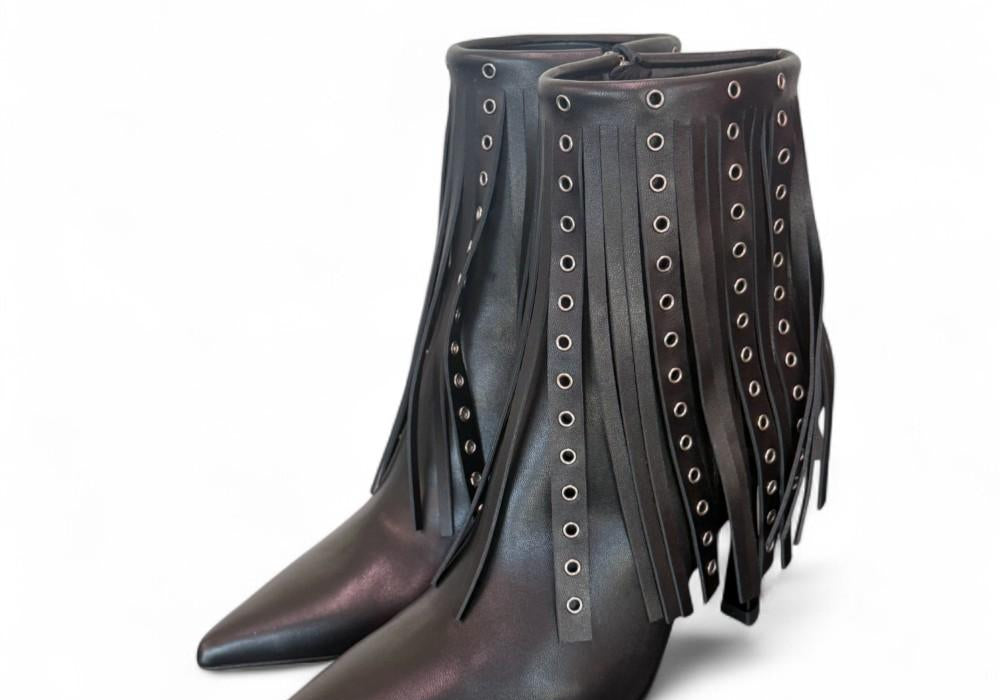 Stivaletto con frange in pelle nera Chantal 