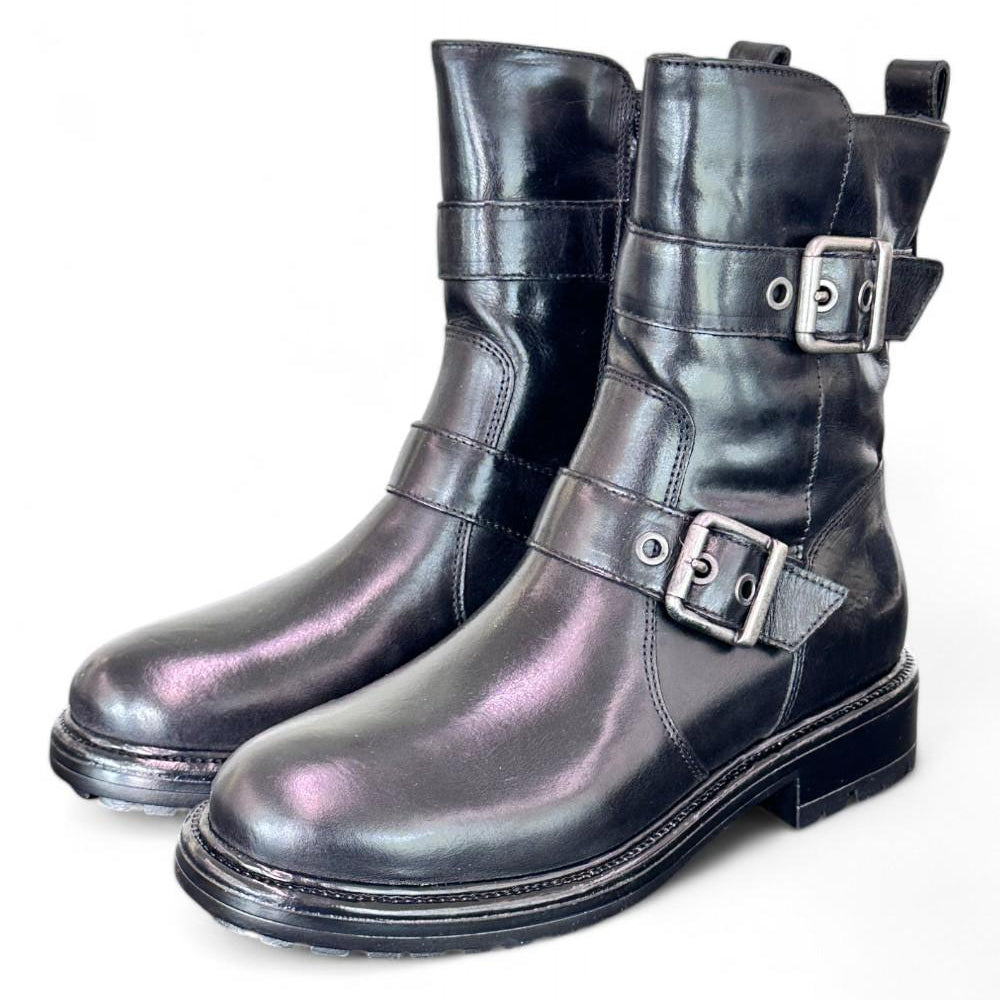 Stivaletto biker fibbie pelle nera Dei Colli<BR/> 