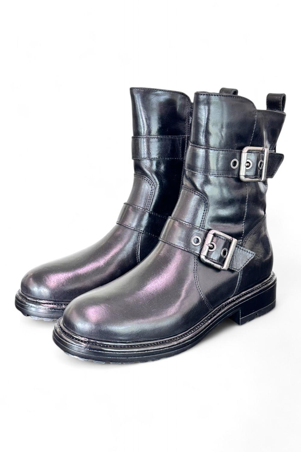 Stivaletto biker fibbie pelle nera Dei Colli<BR/> 