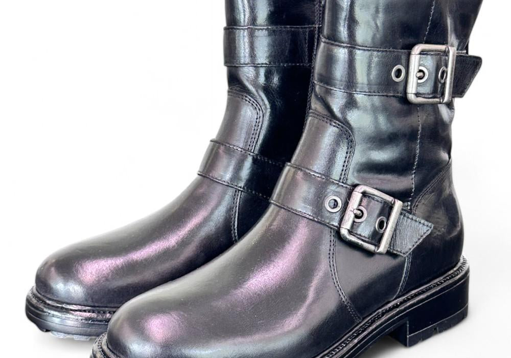 Stivaletto biker fibbie pelle nera Dei Colli<BR/> 