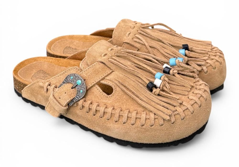 Sabot con frangia e perline Taji by Lagoa suede sabbia 