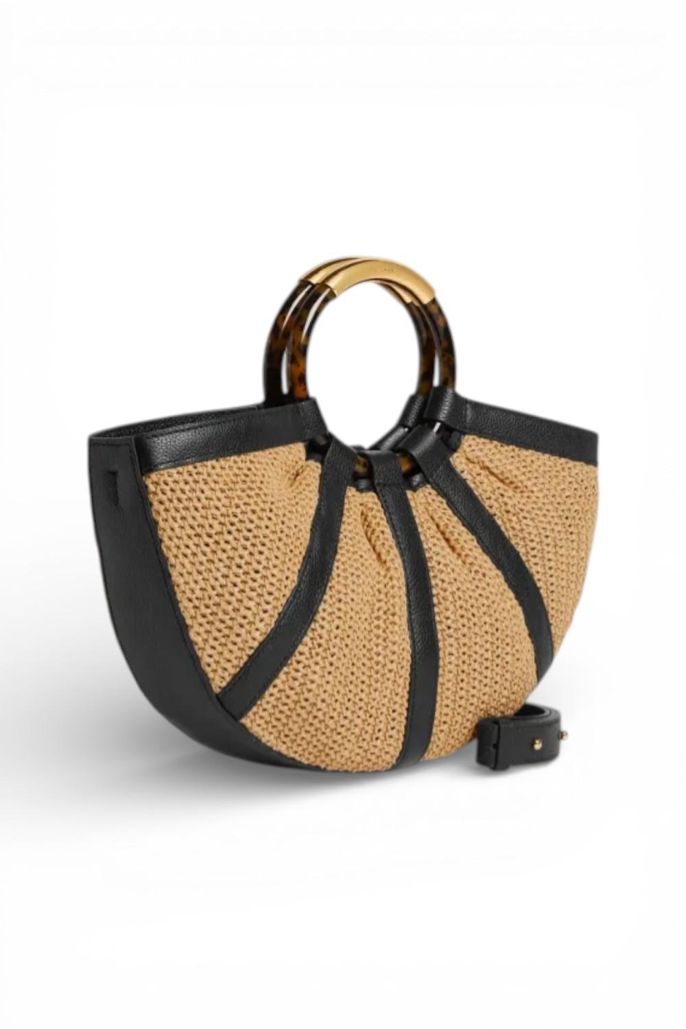 Borsa Shell Coccinelle rafia beige nera manici 