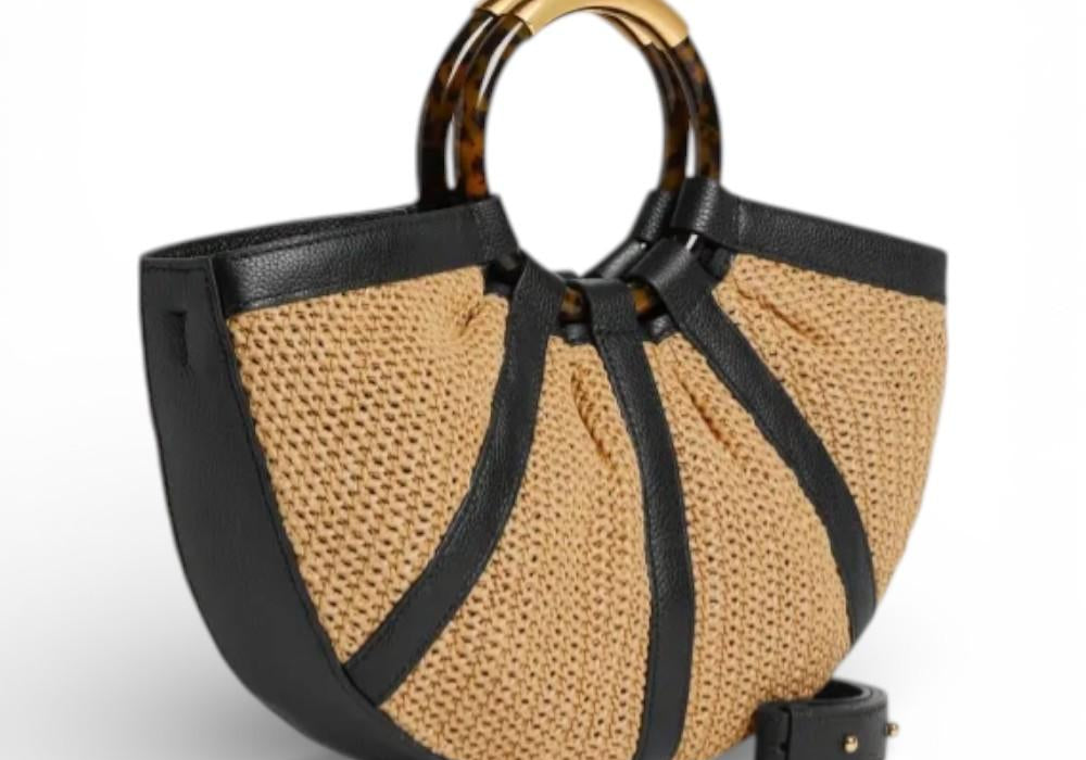 Borsa Shell Coccinelle rafia beige nera manici 