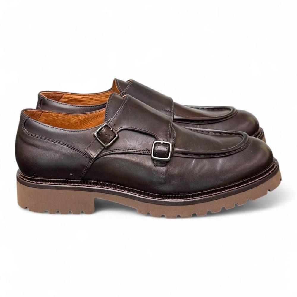 Scarpa doppia fibbia cucitura cioccolato Exton 