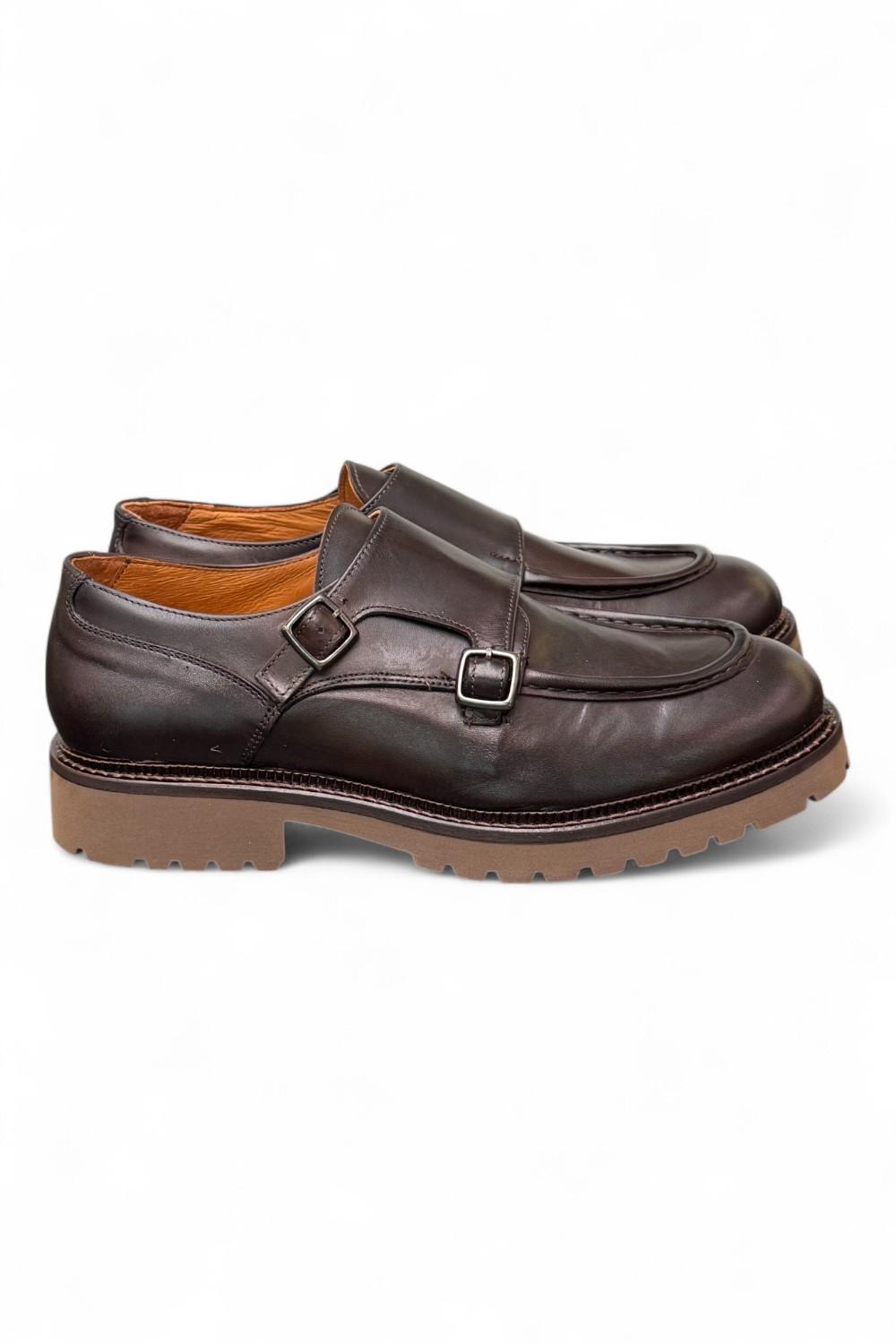 Scarpa doppia fibbia cucitura cioccolato Exton 