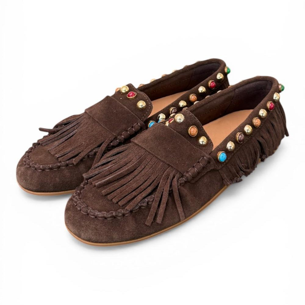 Mocassino frange suede mogano Inuovo<BR/> 