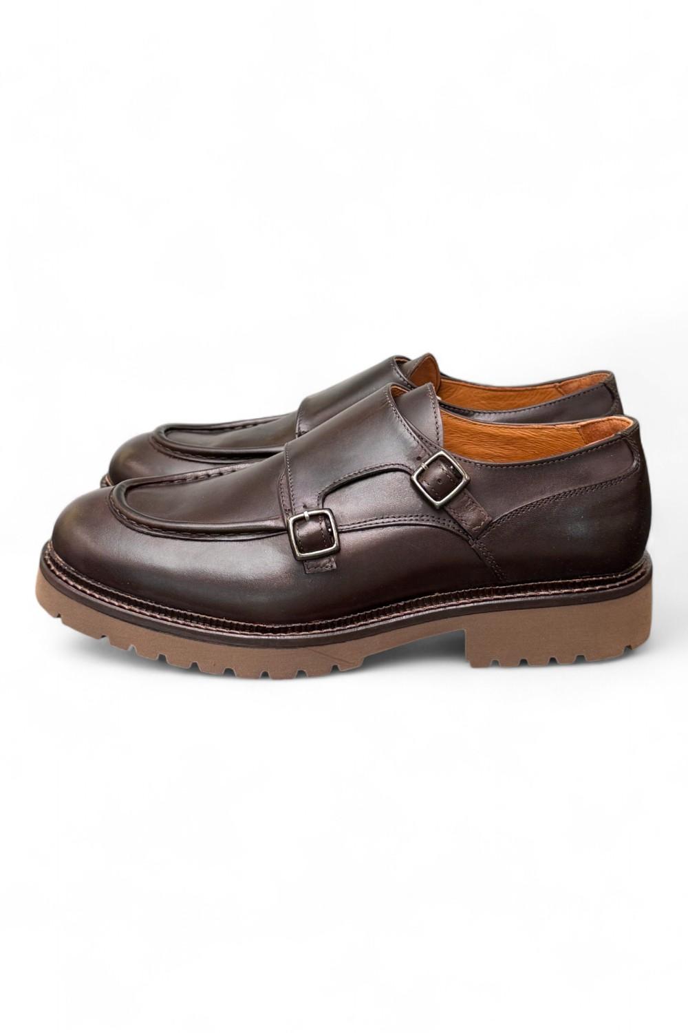 Scarpa doppia fibbia cucitura cioccolato Exton 