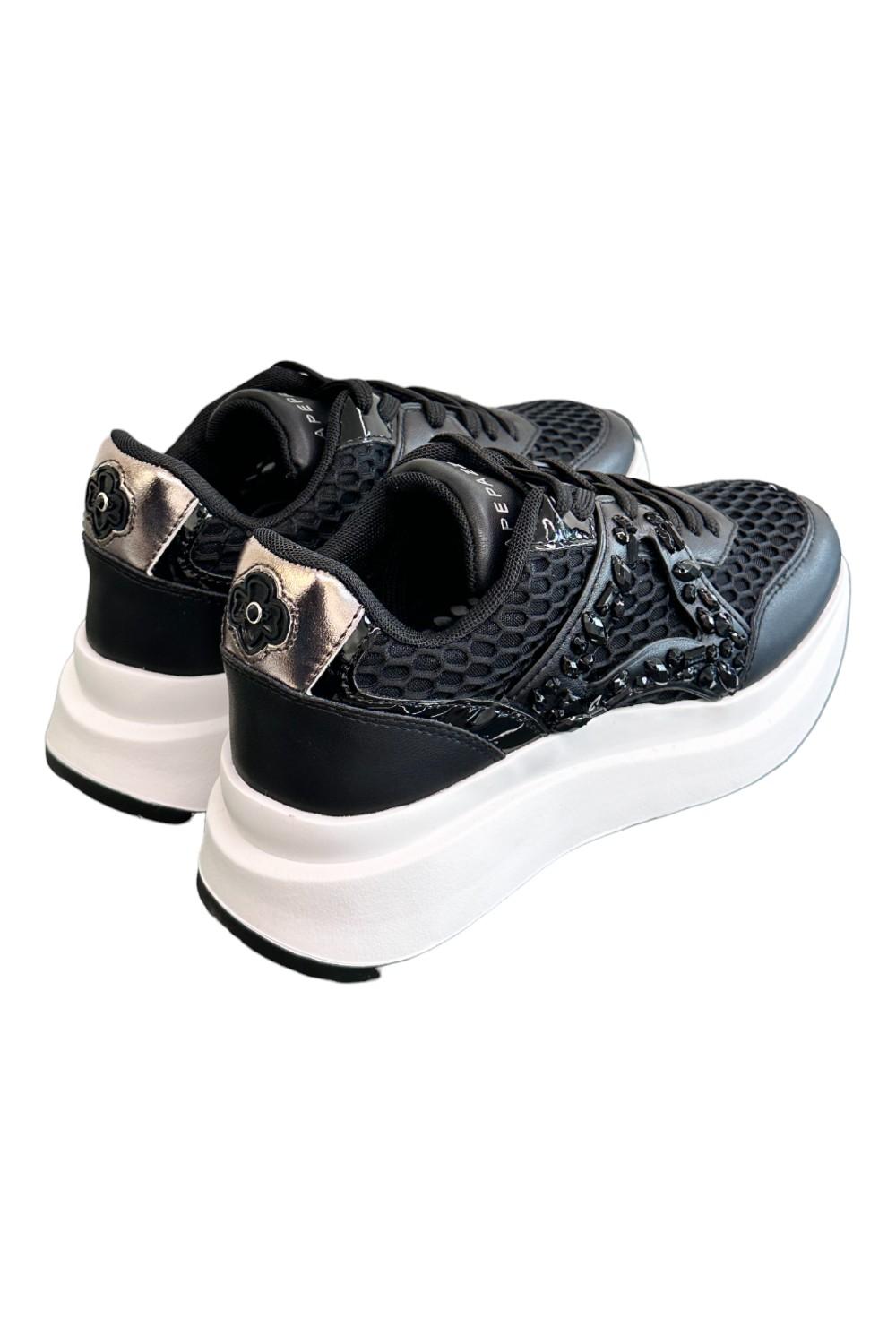 Sneaker Apepazza pelle rete strass nera<BR/> 