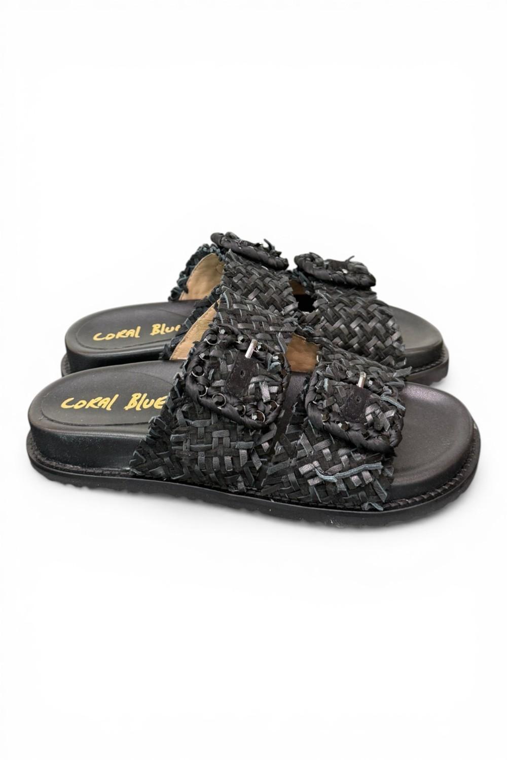 Ciabatta fasce pelle intrecciata nera Coral Bluw 