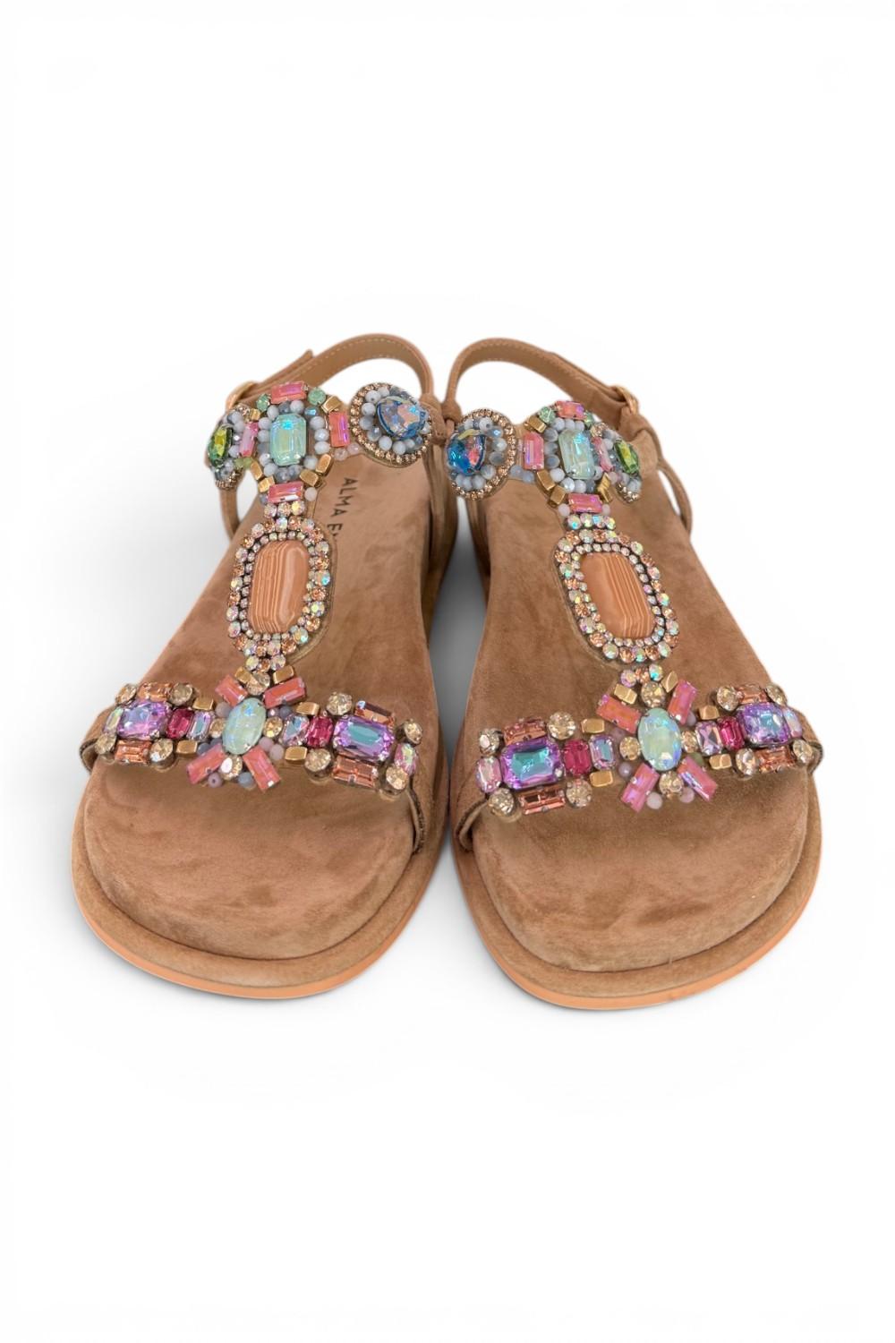 Sandalo camoscio beige pietre multicolor Alma en Pena<BR/> 