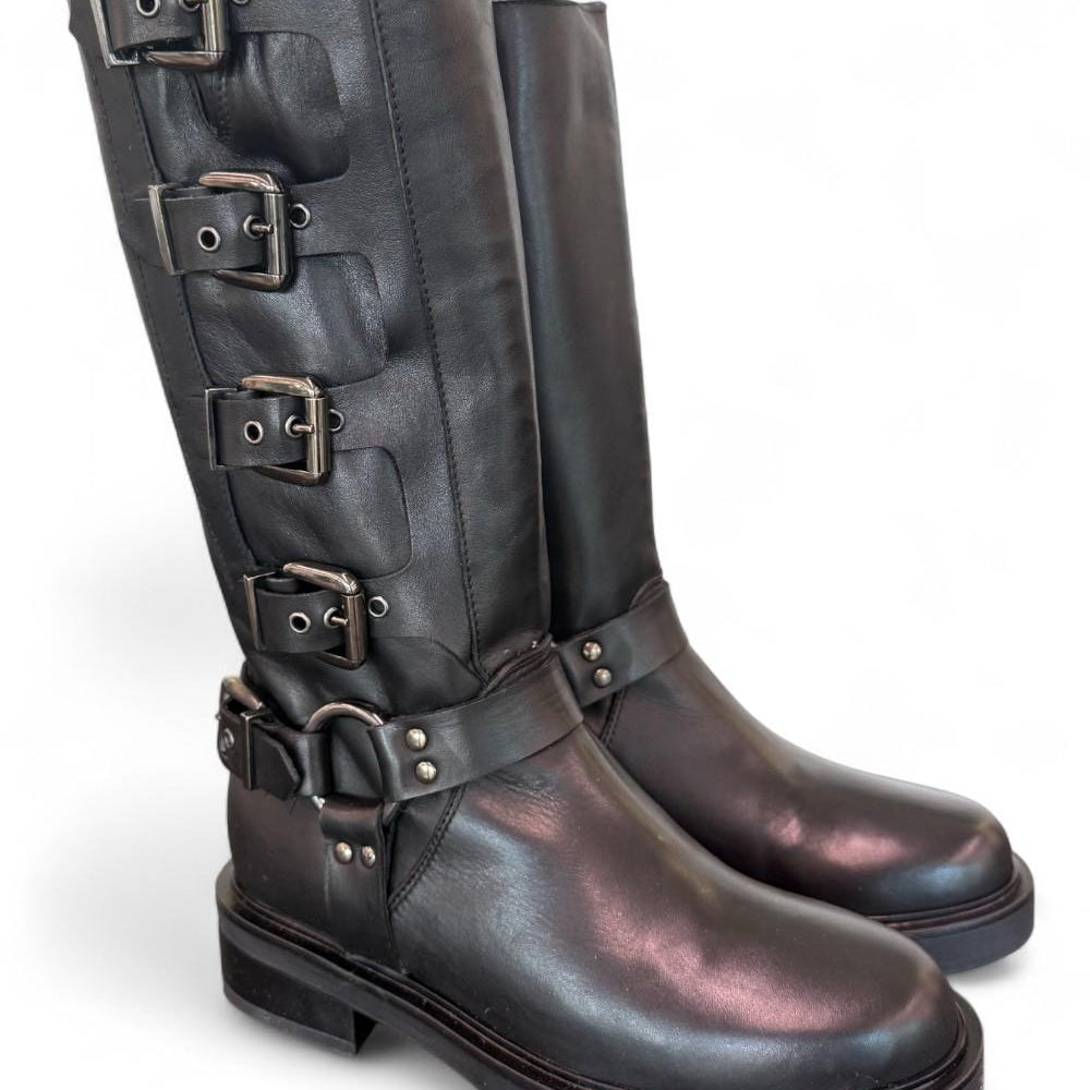 Stivale biker 3/4 fibbie pelle nera Angelica 