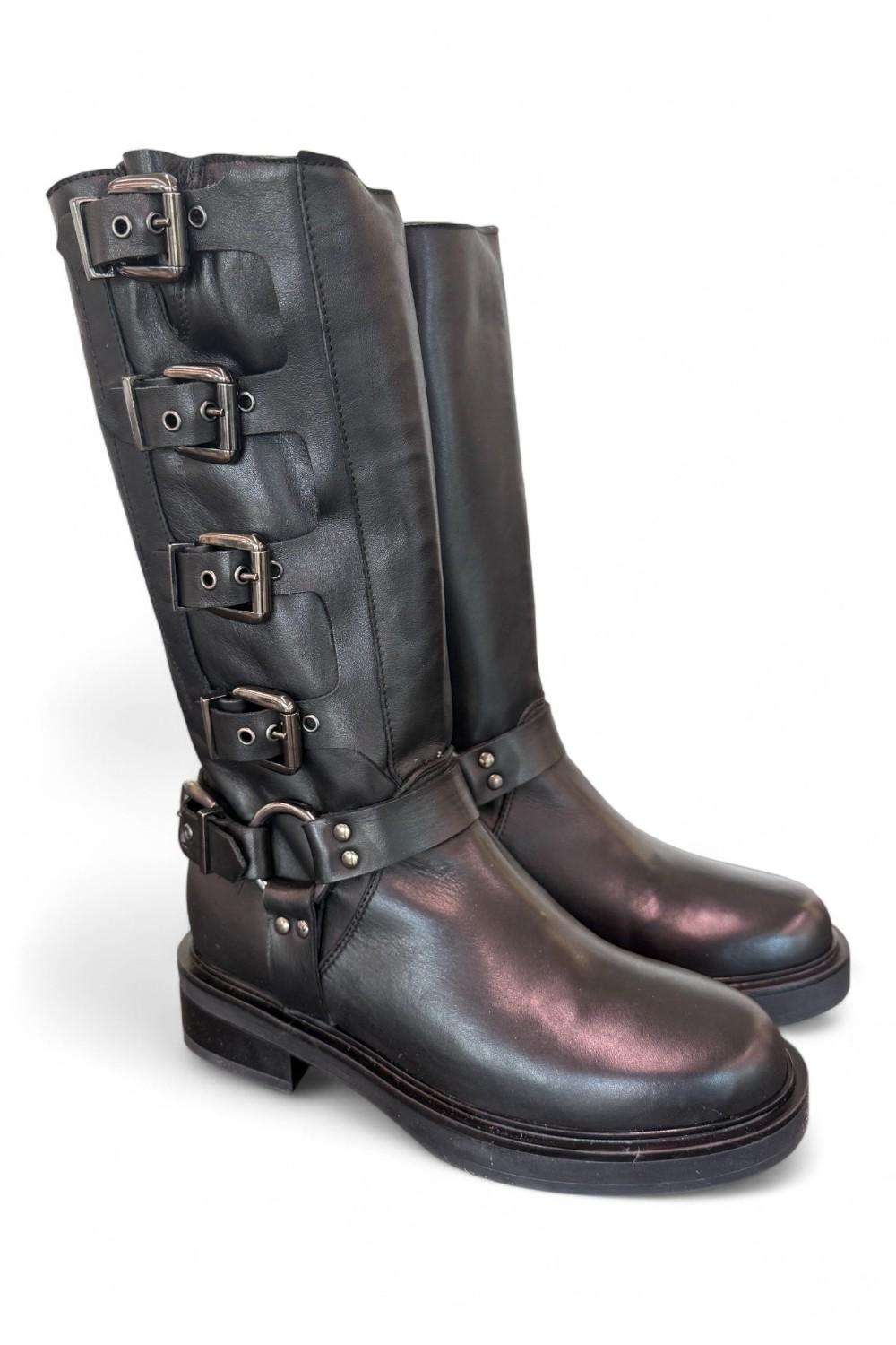 Stivale biker 3/4 fibbie pelle nera Angelica 
